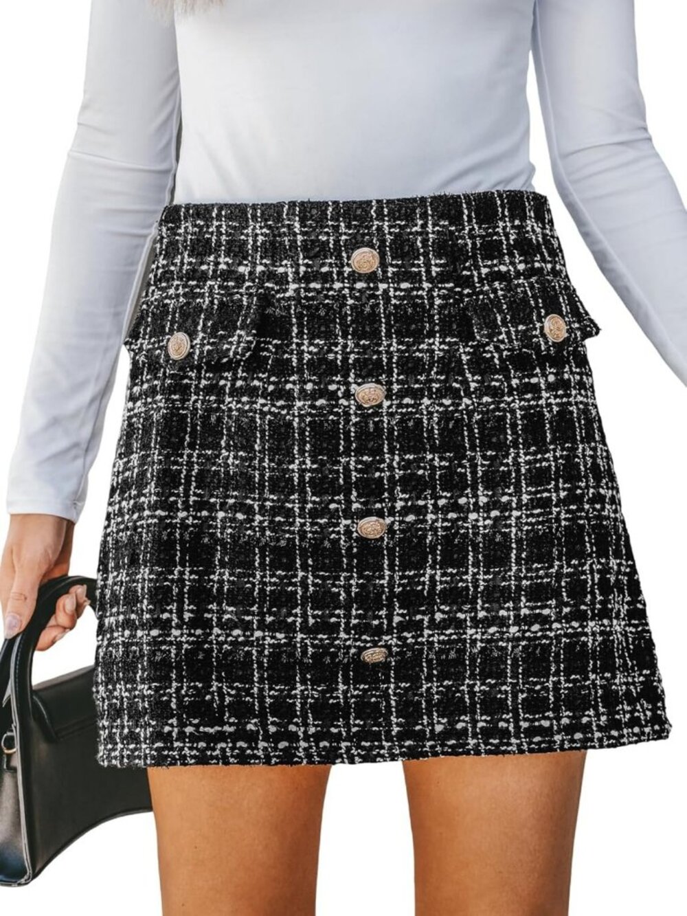High Waist Mini Skirt with Button Front, Tweed Plaid Design, Chic & Stylish